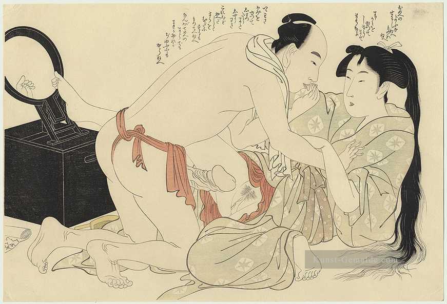 Ein Mann unterbricht Frau bei der Kombiernäbe ihrer langen Haare Kitagawa Utamaro Ukiyo e Bijin ga Ölgemälde
